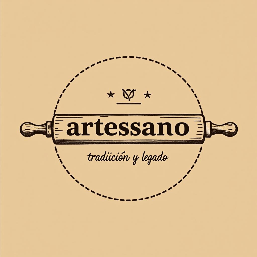  design a logo, in a pencil style. simple and elegant design circular design light and brown tones use a rolling pin image put the word “artessano” inside the image of the rolling pin, with the text 'tradición y legado'.