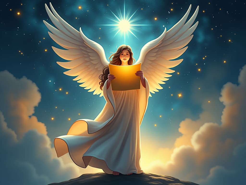  an ethereal angel in a flowing robe, holding a luminous scroll, standing before a vast, cosmic void filled with glowing stars. the scroll represents a connection to infinite wisdom. celestial, infinite, divine.. the style is digital art illustration,highly detailed, whimsical,magical, dreamlike atmosphere, realism and fantasy blend, smooth, glossy textures,luminous quality, wonder and enchantment.