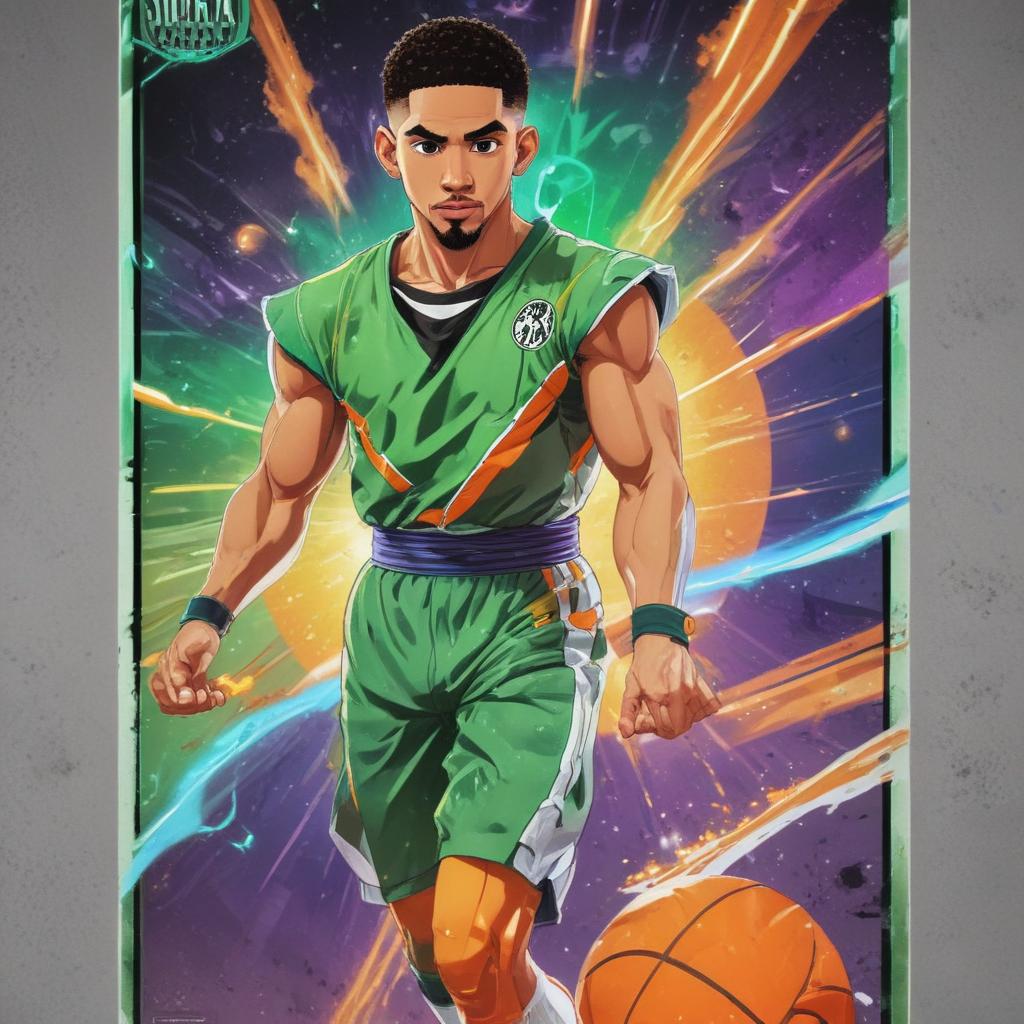 distance-shot, flashy, full-body, dynamic, holographic, animated cartoon poster of jayson tatum in the style of dragon ball super