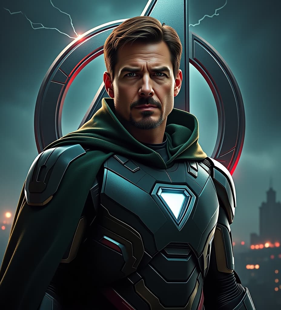  good quality, high quality, a hyper realistic movie poster for "avengers secret war" starring tom cruise as unlimate iron man. he is depicted with a sinister expression, wearing a heavily armored, dark green cloak. the background shows a war torn city in shadows, with the avengers logo partially illuminated by crackling energy.