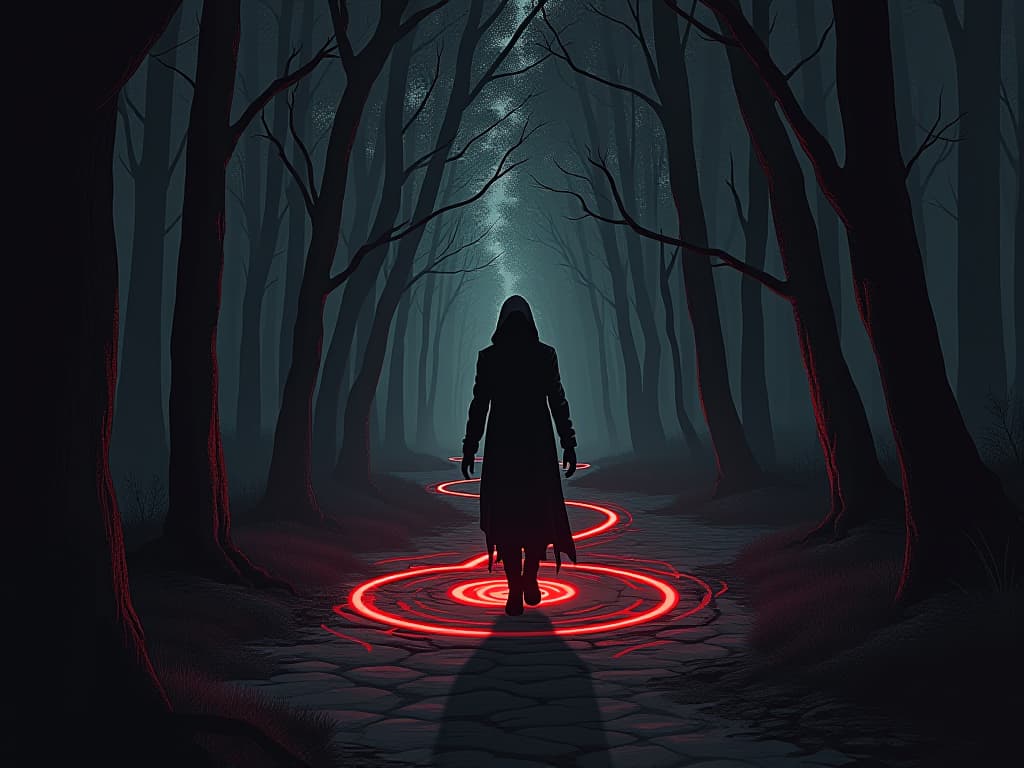  looping path in dark forest, figure walking in circles, feeling of entrapment and frustration. the style is digital art illustration / modern comic book / graphic dark novel fantasy and mysterious occult, symbolic, moody lighting, esoteric vibe,high detail on character design. for the color scheme emphasize blacks and reds.