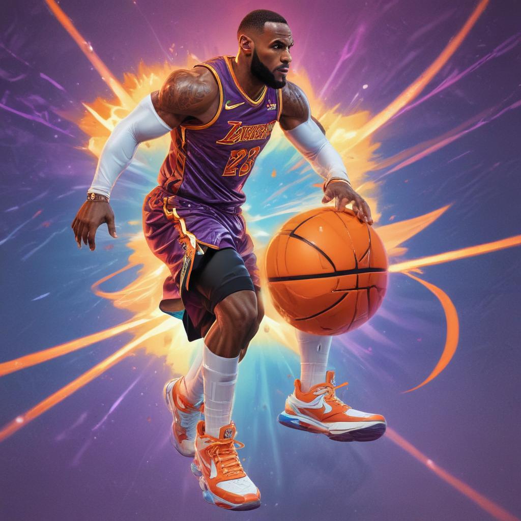 distance-shot, flashy, full-body, dynamic, holographic, animated cartoon poster of lebron james in the style of dragon ball super