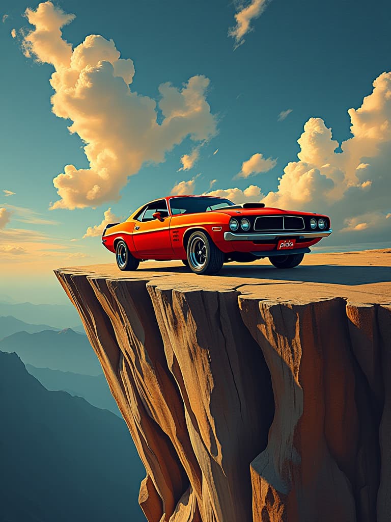  (masterpiece, high resolution, photo realistic:1.3), (red muscle car:1.4), (black wheels:1.2), (bold, capital letters:1.1), "pizdec", (cliff's edge:1.3), (dramatic sky:1.2), (bright, rich colors:1.2), (high contrast:1.2), (constructivist, realistic, abstract elements:1.2), (geometric shapes:1.2), (realistic elements:1.2), (abstract forms:1.2), (trash polka style:1.2), (dramatic, intense atmosphere:1.2), (car at the edge of a cliff:1.2), (inscription adding a sense of finality and danger:1.2), (vibrant, dynamic, visually striking image:1.2), (capturing the feeling of a car at the edge of a cliff:1.2).