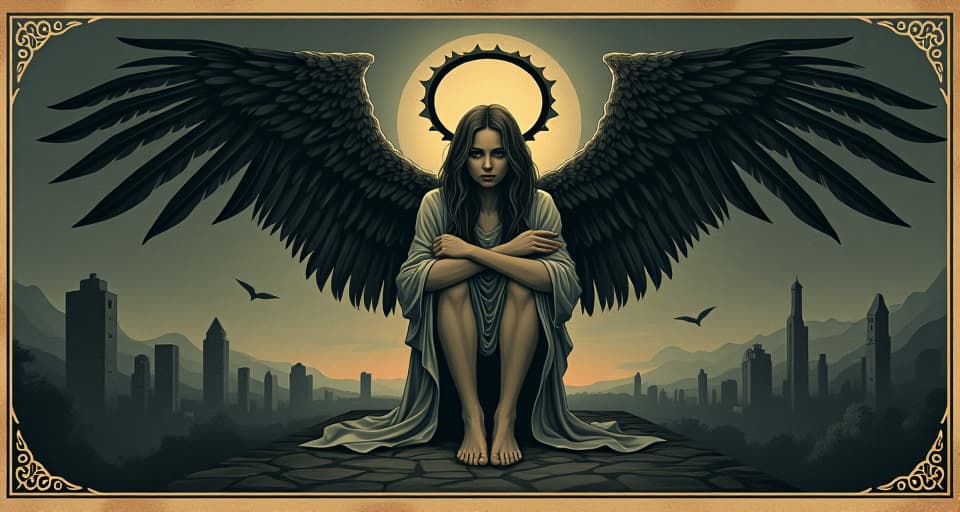  fallen angel with dark wings, sorrowful expression, broken halo, ruins in the background, twilight sky, melancholy, loss. an illustration in the style of a worn, mystical old tarot trump card, mysterious and elements of surrealism. the colors are muted, somber and eerie, but with contrast bring out an occult and esoteric vibe.