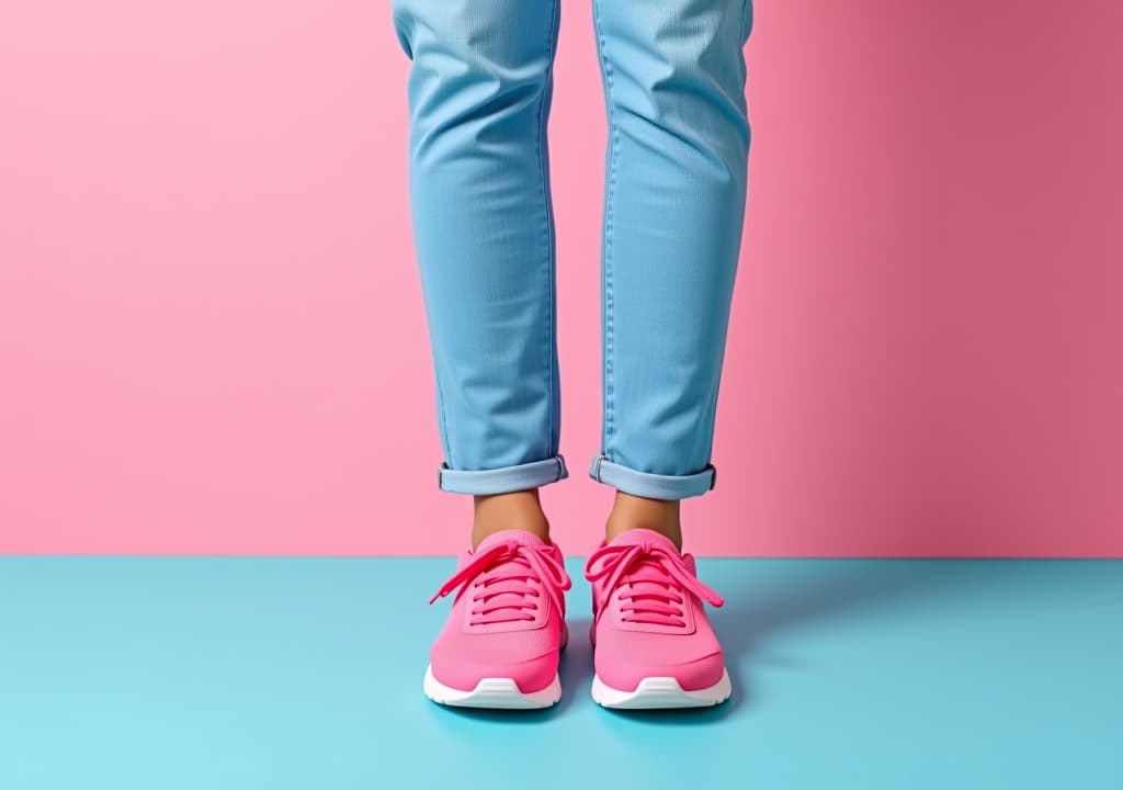  a pair of light blue jeans and bright pink sneakers stand out against a minimalist pastel pink and blue background