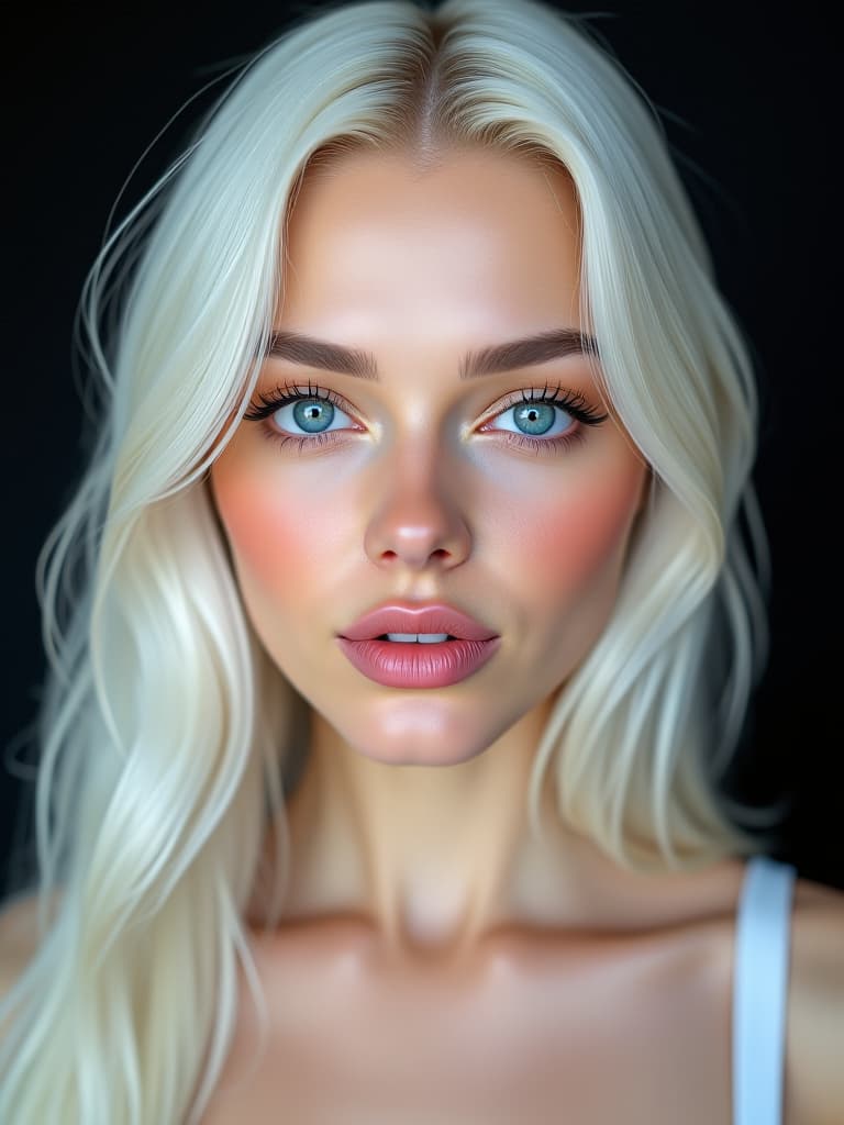  (top quality,high contrast,real life texture,extremy fine ilration),face only,eyes focus,solo,,,medium eyes,tareme,doroped eyes,blue eyes,long hair,straight hair,white hair,glossy hair,arched bangs,natural makeup, eyelash,parted lips,beige lips,upper teeth only,off shoulder clothes,white clothes, straps k,black ,simple background,plaid background,