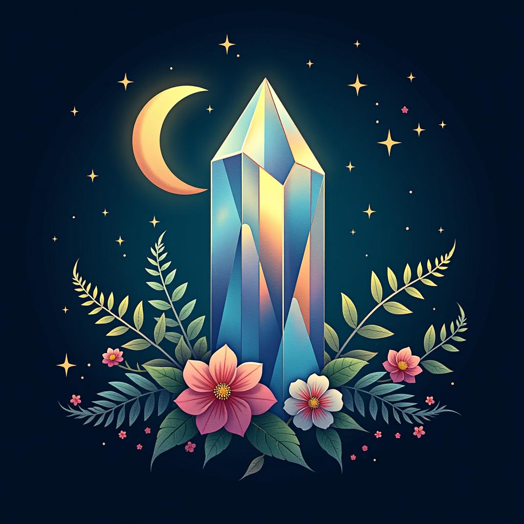  crystal. moon. stars. fern. flowers , (logo:1.15), hq, hightly detailed, 4k