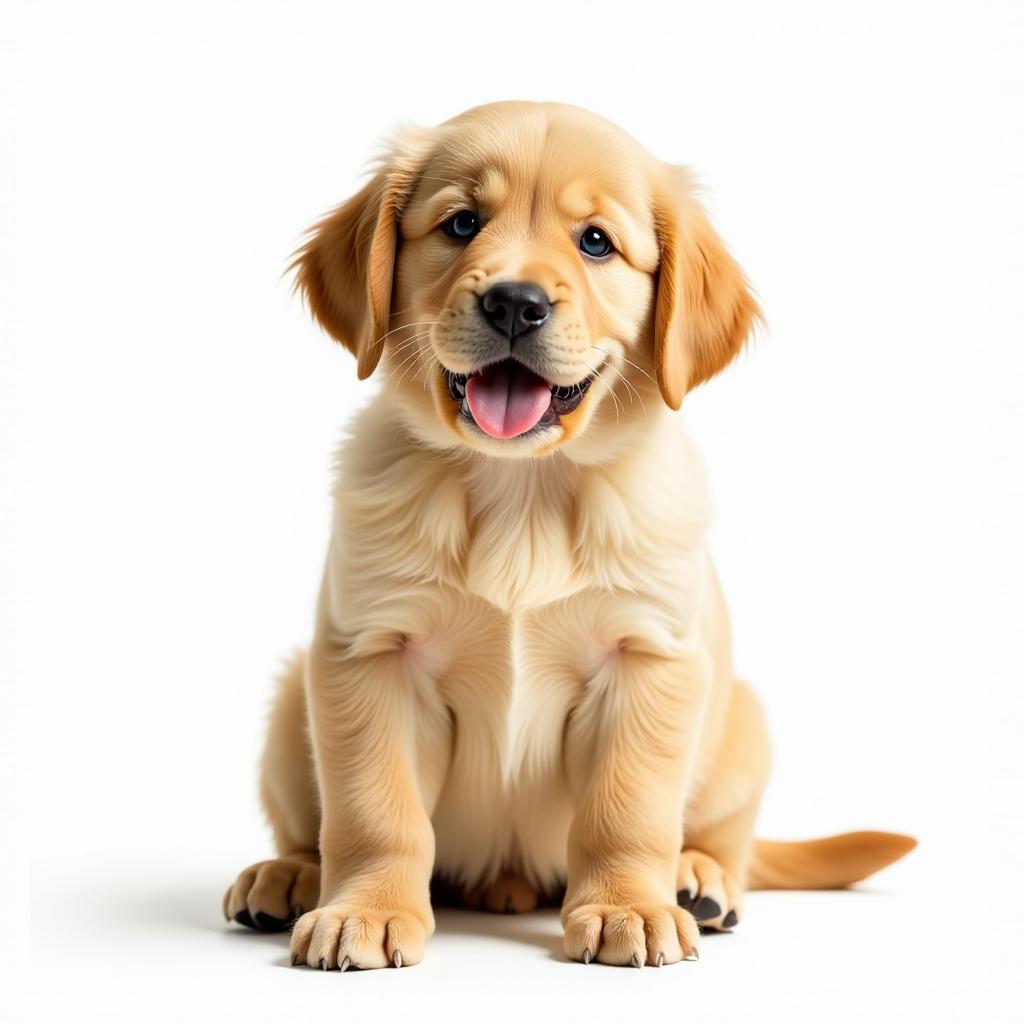  golden retriever puppy, sitting, isolated on white background, cute and playful, high quality, high details, hd, perfect composition, 4k epic detailed, highly detailed, sharp focus, high resolution