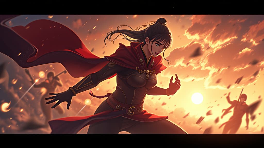  anime style thumbnail with a heroic character in a dramatic pose, bright background, and text in "epic anime battle", high quality, high details, hd, perfect composition, 4k epic detailed, highly detailed, sharp focus, high resolution