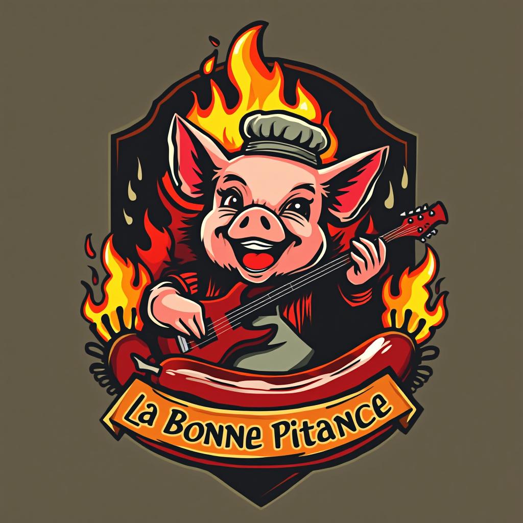  design a logo, in a abstract style. pig rocker flames cook bad boy kitchenware food sausage wine corn graphics tag , with the text 'la bonne pitance'.