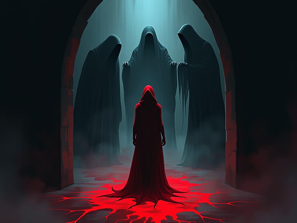  person in red, standing in a shadowy room, surrounded by ghostly apparitions, intense atmosphere of confrontation with past wrong choices. the style is digital art illustration / modern comic book / graphic dark novel fantasy and mysterious occult, symbolic, moody lighting, esoteric vibe,high detail on character design. for the color scheme emphasize blacks and reds.