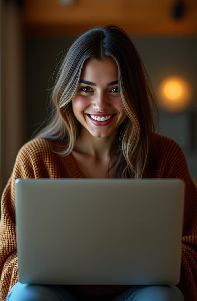  women with laptop with 2 different expression, smile and happily shocking hyperrealistic, full body, detailed clothing, highly detailed, cinematic lighting, stunningly beautiful, intricate, sharp focus, f/1. 8, 85mm, (centered image composition), (professionally color graded), ((bright soft diffused light)), volumetric fog, trending on instagram, trending on tumblr, HDR 4K, 8K