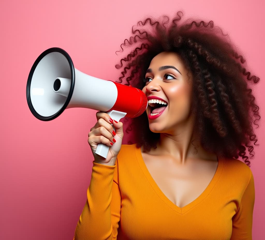  woman holding megaphone making announcement on pink background