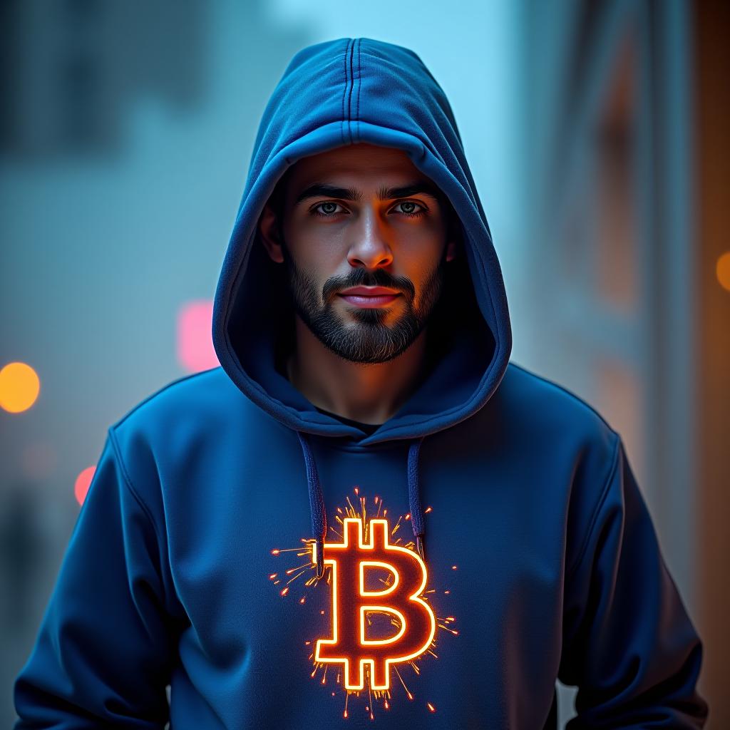  white man master of crypto with a blue hoodie with sparky written on it hyperrealistic, full body, detailed clothing, highly detailed, cinematic lighting, stunningly beautiful, intricate, sharp focus, f/1. 8, 85mm, (centered image composition), (professionally color graded), ((bright soft diffused light)), volumetric fog, trending on instagram, trending on tumblr, HDR 4K, 8K