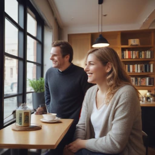 An image of a smiling woman wearing casual clothes looking at a distinguished (((man))) in a cozy (((café))). The man, recognizable as a famous Norwegian author, is dressed in a smart casual outfit, facing the woman, holding a cup of coffee. In the background, there are bookshelves filled with books, a window showing a view of a typical Norwegian street, and a soft, warm lighting style, detailed, realistic.