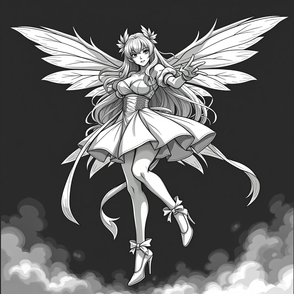  fighting game style the black white vector contour of a beautiful and stubborn with wings and a high quality face, the fairy is full of growth in a and model pole, the shoes in very high beds, in a short dress with very long light hair . dynamic, vint, action packed, detailed character design, reminiscent of fighting video games hyperrealistic, full body, detailed clothing, highly detailed, cinematic lighting, stunningly beautiful, intricate, sharp focus, f/1. 8, 85mm, (centered image composition), (professionally color graded), ((bright soft diffused light)), volumetric fog, trending on instagram, trending on tumblr, HDR 4K, 8K