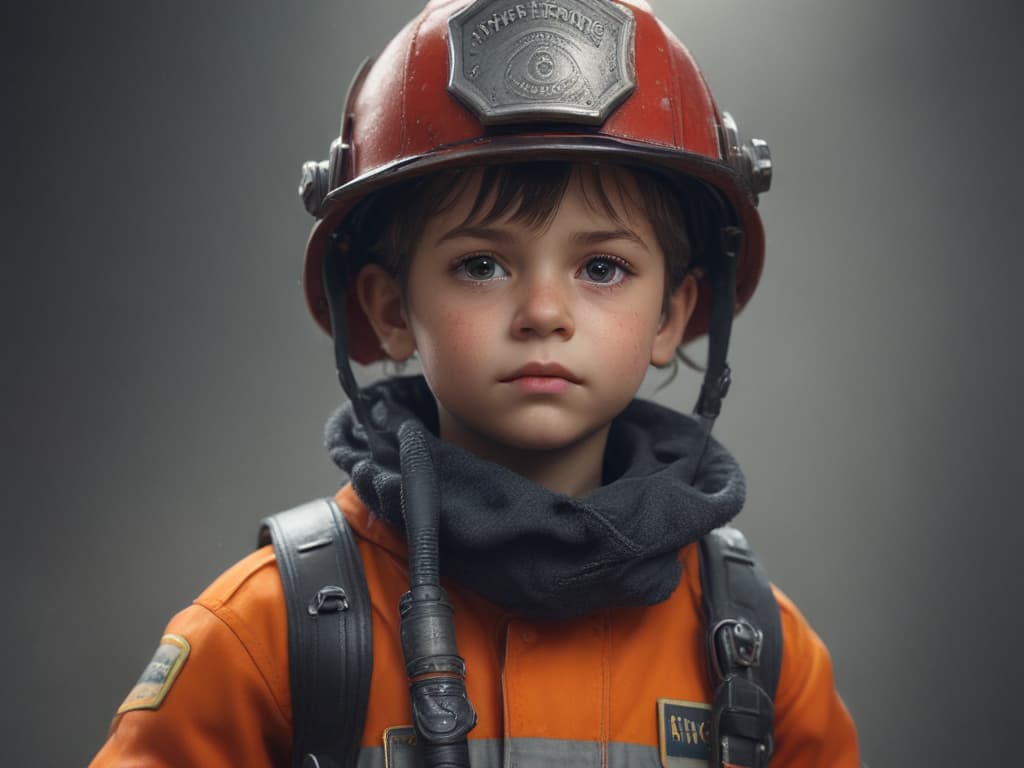 ultra realistic ((ultra realistic ((a child dressed as a firefighter with determination)))) hyperrealistic, full body, detailed clothing, highly detailed, cinematic lighting, stunningly beautiful, intricate, sharp focus, f/1. 8, 85mm, (centered image composition), (professionally color graded), ((bright soft diffused light)), volumetric fog, trending on instagram, trending on tumblr, HDR 4K, 8K