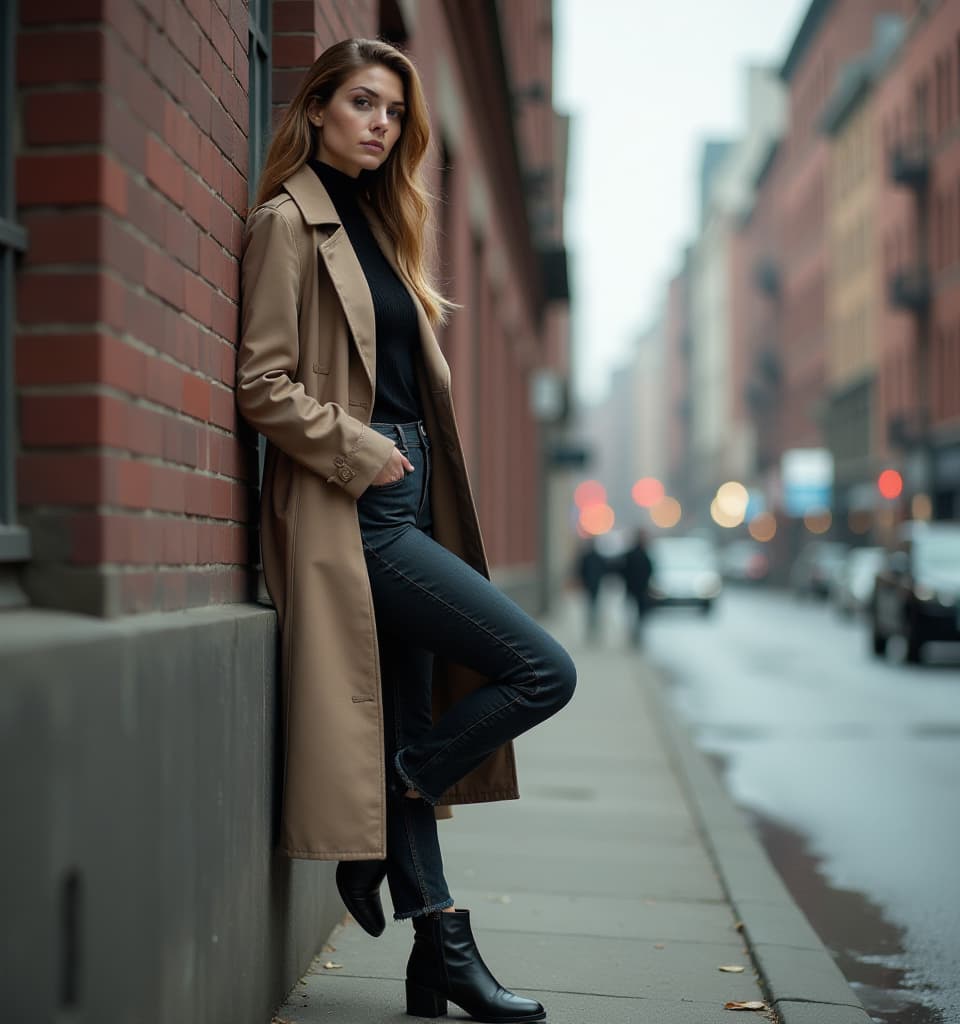  cinematic photo lady leans the wall with one high up leg in the urban environment. she wears in a long tailored trench coat over a black turtleneck and straight leg jeans and accessorized with sleek black boots. full body, side view, realistic photo. . 35mm photograph, film, bokeh, professional, 4k, highly detailed