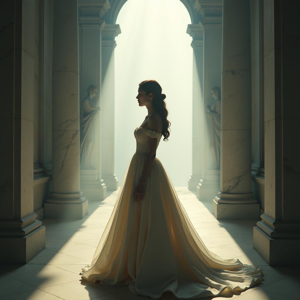  cinematic photo in the misty haze stands a stunning young woman, donning a graceful gown, surrounded by weathered statues and majestic marble pillars. the interplay of light and shadow enhances the drama on her visage. . 35mm photograph, film, bokeh, professional, 4k, highly detailed