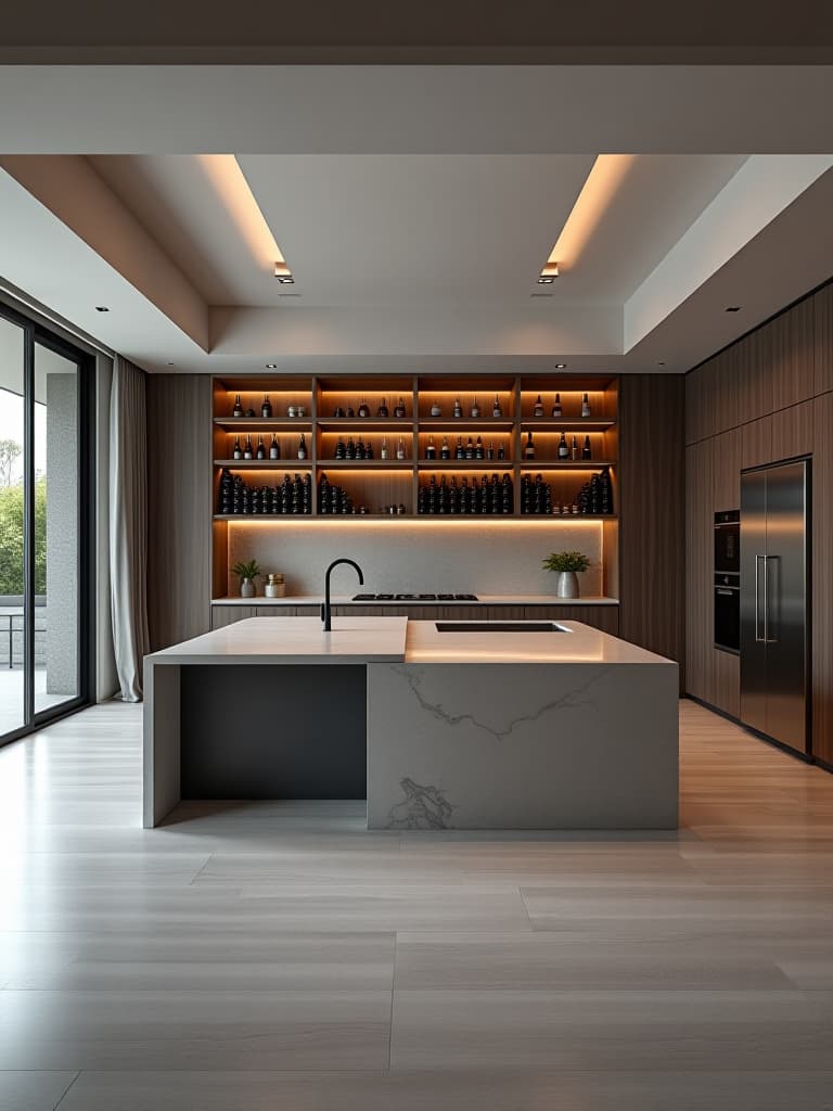  high quality portrait photo of an open concept contemporary kitchen with a monochromatic color scheme, featuring a waterfall island, hidden appliances, and a floor to ceiling wine storage wall hyperrealistic, full body, detailed clothing, highly detailed, cinematic lighting, stunningly beautiful, intricate, sharp focus, f/1. 8, 85mm, (centered image composition), (professionally color graded), ((bright soft diffused light)), volumetric fog, trending on instagram, trending on tumblr, HDR 4K, 8K