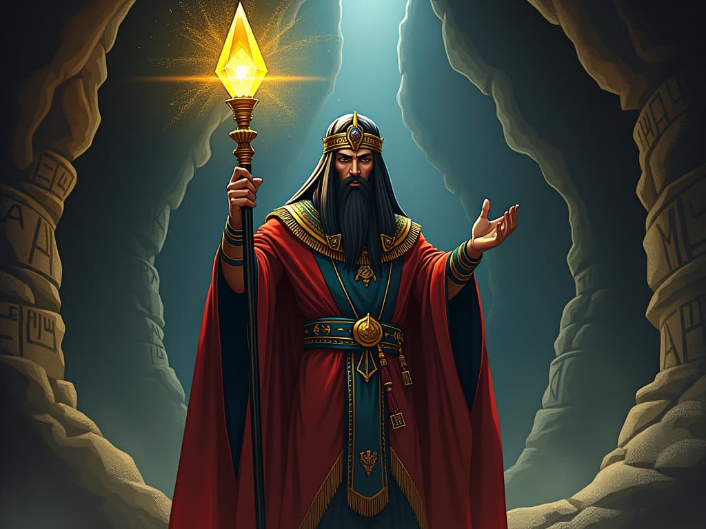  an ancient wizard in regal egyptian robes, holding a glowing staff topped with a crystal, casting light into a dark, rune covered cave, symbolizing enlightenment. the style is digital art illustration / modern comic book / mysterious occult, symbolic, esoteric vibe,high detail on character design, incorporating ancient egyptian symbology and attire.