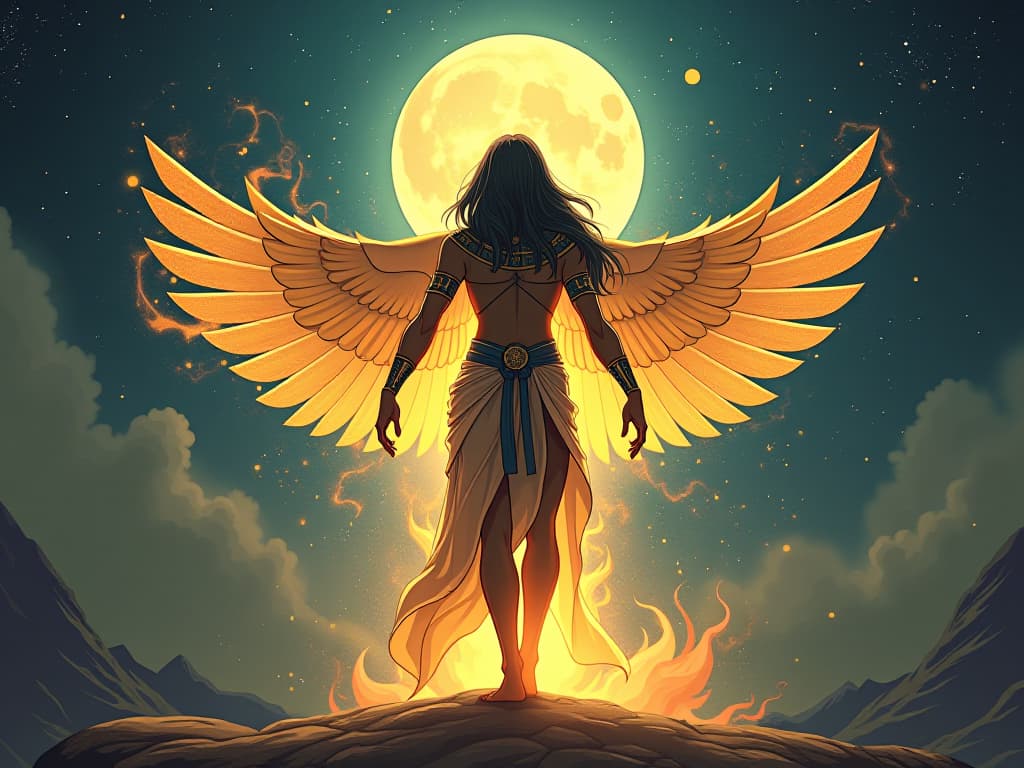  a person transforming into a radiant figure under the full moon, cosmic energies swirling, atmosphere of becoming one's true self. the style is digital art illustration / modern comic book / mysterious occult, symbolic, esoteric vibe,high detail on character design, incorporating ancient egyptian symbology and attire.