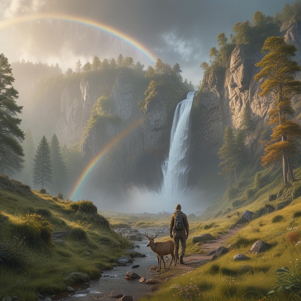 ((masterpiece)),(((best quality))), 8k, high detailed, ultra detailed, An awe inspiring landscape with rolling hills, a majestic waterfall, misty forests, a rainbow in the sky, and deer grazing in a meadow hyperrealistic, full body, detailed clothing, highly detailed, cinematic lighting, stunningly beautiful, intricate, sharp focus, f/1. 8, 85mm, (centered image composition), (professionally color graded), ((bright soft diffused light)), volumetric fog, trending on instagram, trending on tumblr, HDR 4K, 8K