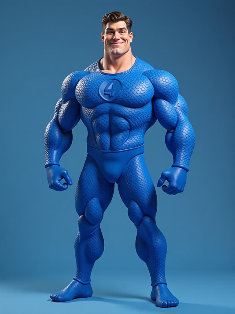  full body photorealistic shots of handsome hunky elastic like rubber like stretchable hero. wearing royal blue micro scales textured spandex fabric costume,, in action, circle embossed " 4 ” on the chest .. smiling . in 3d, disney cartoon style