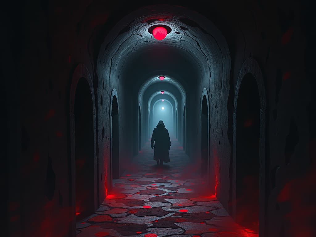  labyrinthine escape route, shadowy passageways, figure darting into darkness, tangible sense of evasion and inevitability. the style is dark fantasy and mysterious occult, symbolic, moody lighting, esoteric vibe,high detail on character design. for the color scheme emphasize blacks and reds.