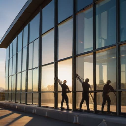 A photo of a team of window installation professionals carefully placing a large, gleaming glass window into position in a sleek modern office building during the golden hour with warm, soft sunlight streaming through the panes, casting long shadows and creating a stunning reflection on the glass surface.