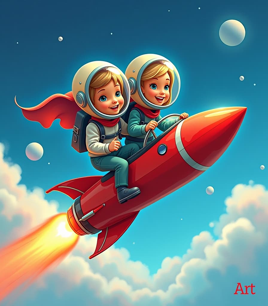  concept art painting. oil painting. (ken and barbie fly on a space rocket in helmets space:1.5). (at the bottom of the large red inscription “artgeneration”:1.2). around the blue sky with light clouds. cartoon style. high detail, high definition, high resolution. . digital artwork, illustrative, painterly, matte painting, highly detailed