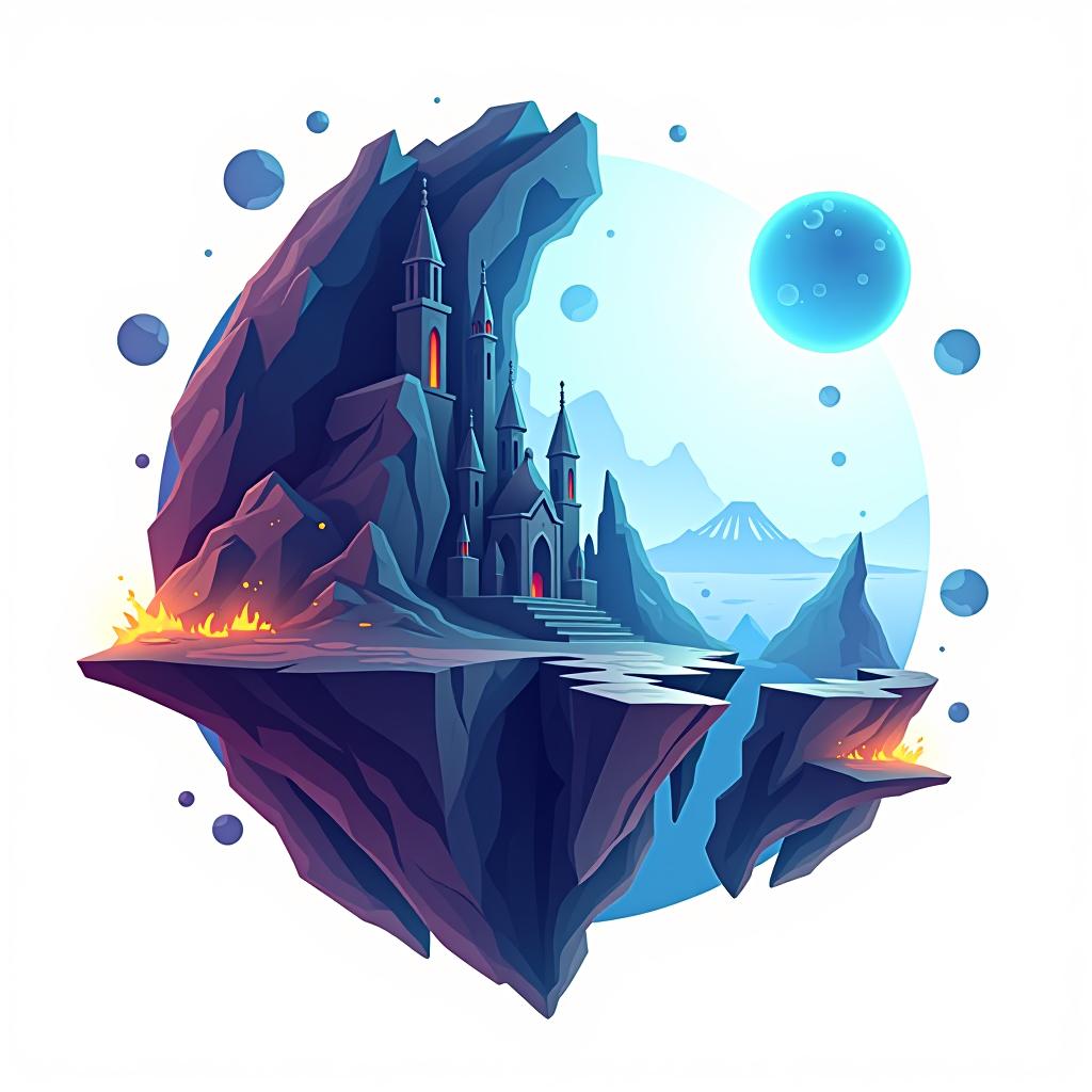  white background. left side: a simple vector graphic showing a hyper realistic alien planet's front view, featuring mysterious structures, bioluminescent patches, and sections of the planet split into floating fragments with glowing edges. unique architectural forms, and floating planetary fragments. elements adding a dynamic, otherworldly feel. cartoon and disney style.