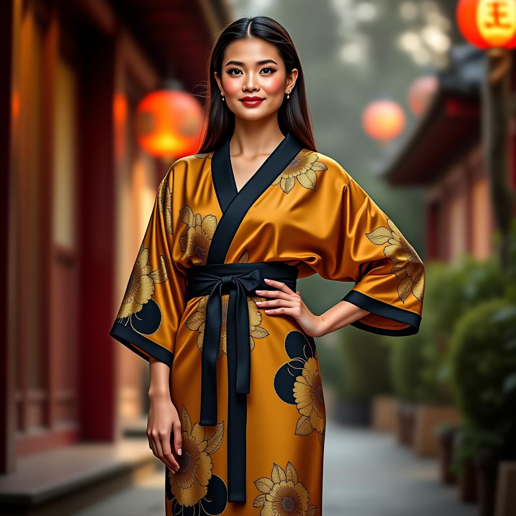  create a high quality image featuring a full body woman wearing a slim fit kimono with a v neck and three quarter sleeves. the kimono should have a printed fabric design with colors black (rgb(0,0,0)) and sunflower yellow (rgb(251,231,9)). the fabric should be lightweight satin with a smooth finish. the kimono should include a wrap closure, a belt, and a patch logo for branding. the scene should depict a culturally rich background, and the woman should be standing elegantly with one hand on her hip, highlighting the kimono's fit and design.