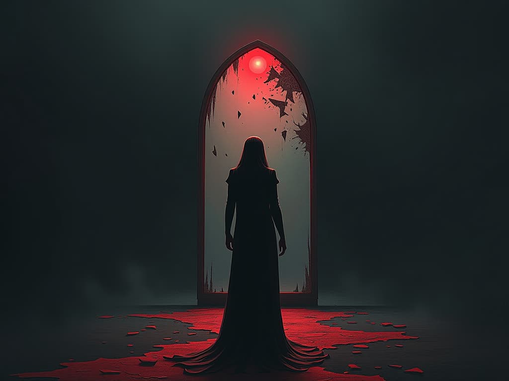  a melancholic figure standing before a broken mirror, fragments scattered, sense of realization, loss.. the style is dark fantasy and mysterious occult, symbolic, moody lighting, esoteric vibe,high detail on character design. for the color scheme emphasize blacks and reds.