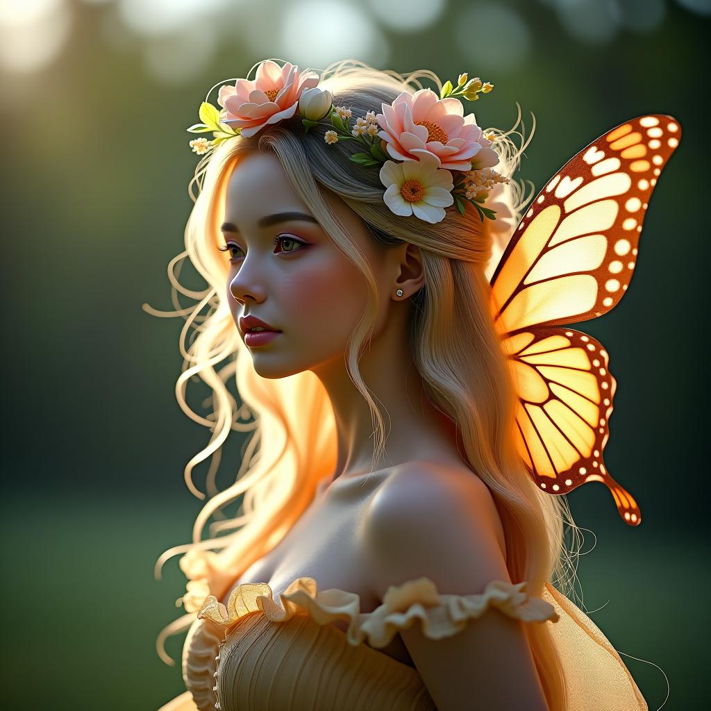  a fantasy inspired portrait of a fairy like creature with butterfly wings and delicately embellished floral hair. the diffused early daylight filters through her hair casting enchanting highlights. captured with a fujifilm gfx100 and a 250mm f/4 lens. small text 'astravision' at bottom right corner. hyperrealistic, full body, detailed clothing, highly detailed, cinematic lighting, stunningly beautiful, intricate, sharp focus, f/1. 8, 85mm, (centered image composition), (professionally color graded), ((bright soft diffused light)), volumetric fog, trending on instagram, trending on tumblr, HDR 4K, 8K