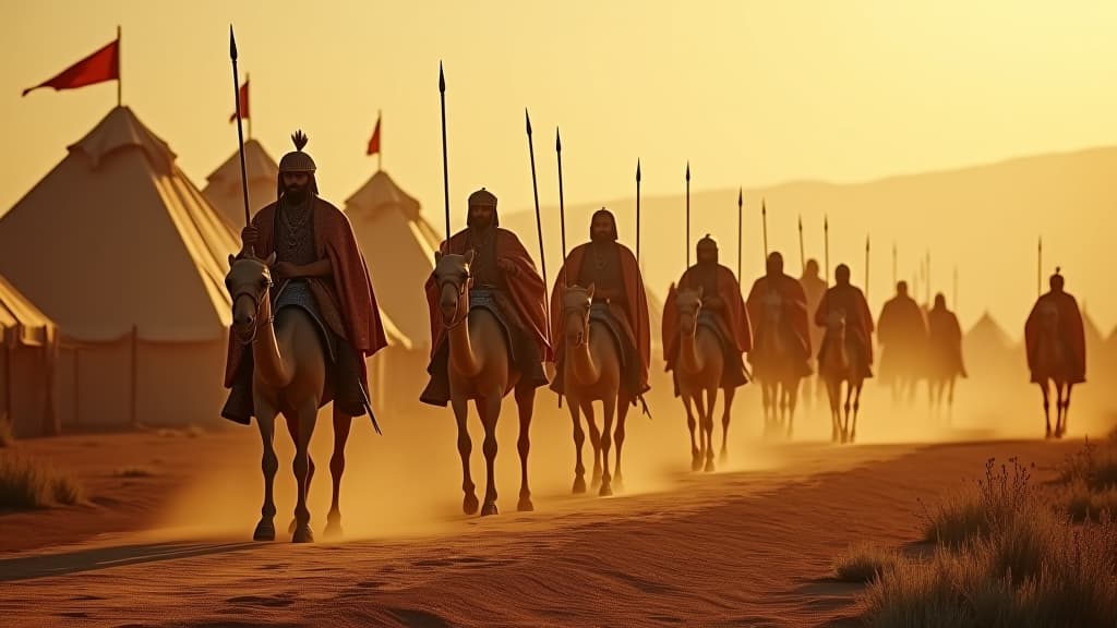  history of biblical times, the midianite soldiers marching through the land, a terrifying presence, with camels and tents resembling a thick cloud of locusts terrorizing the israelites. hyperrealistic, full body, detailed clothing, highly detailed, cinematic lighting, stunningly beautiful, intricate, sharp focus, f/1. 8, 85mm, (centered image composition), (professionally color graded), ((bright soft diffused light)), volumetric fog, trending on instagram, trending on tumblr, HDR 4K, 8K