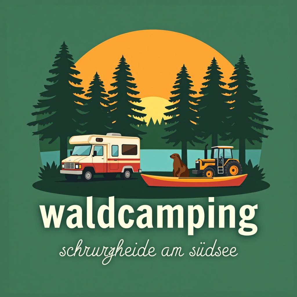  design a logo, für einen campingplatz. zelt,wohnwagen, otter,alpaka, traktor,wald und see. der name des campingplatz, waldcamping schwarzheide am südsee, with the text 'waldcamping schwarzheide am südsee'.