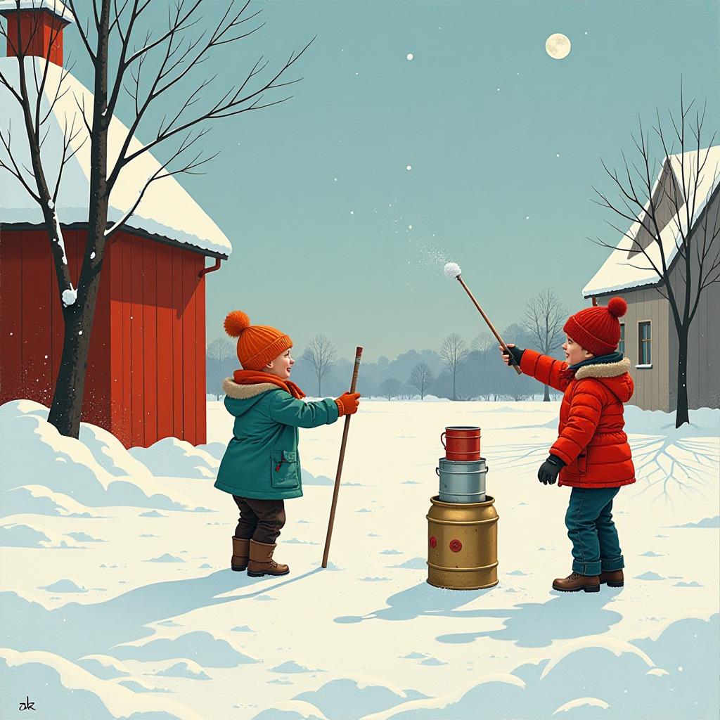  art deco style painting. oil painting. vector image. a sunny winter day. children throw sticks at a distance of three small cans standing one on top of another next to which stands a boy with a stick. a happy atmosphere. surikov style. . geometric shapes, bold colors, luxurious, elegant, decorative, symmetrical, ornate, detailed