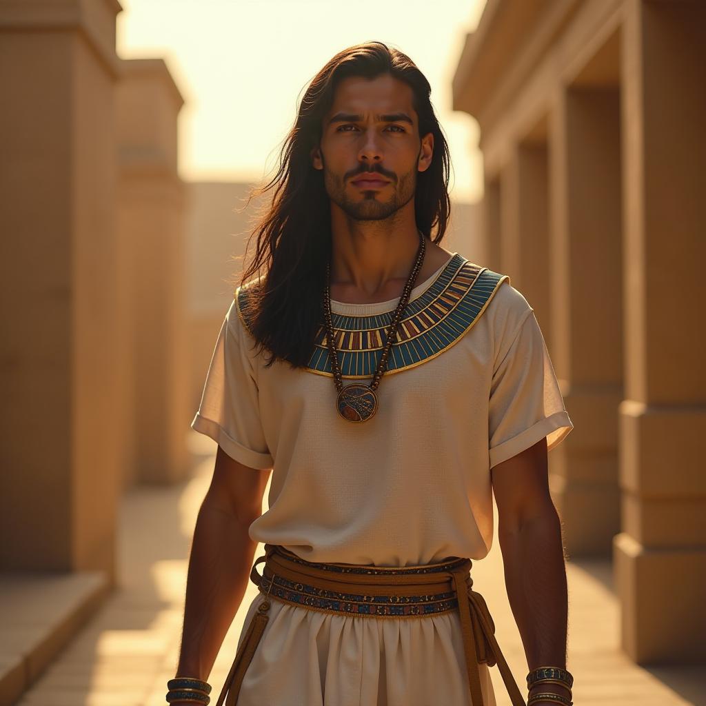  dreamscape ancient egypt; dawn, pastel colors; an incredibly beautiful thirty ancient egyptian man; he looks much younger than his years; his face is smooth and cleanly ; he walks along the street of an ancient egyptian city; he has a sophisticated and beautiful oval face; he has light skin unusual for an egyptian; he is dressed in an ancient egyptian tunic with sleeves, which is sewn from white linen; he also wears ancient egyptian jewelry; he has very lush hair up to his shoulders, and a straight bang hides; he has a bright fore; cinematic city lighting. . surreal, ethereal, dreamy, mysterious, fantasy, highly detailed