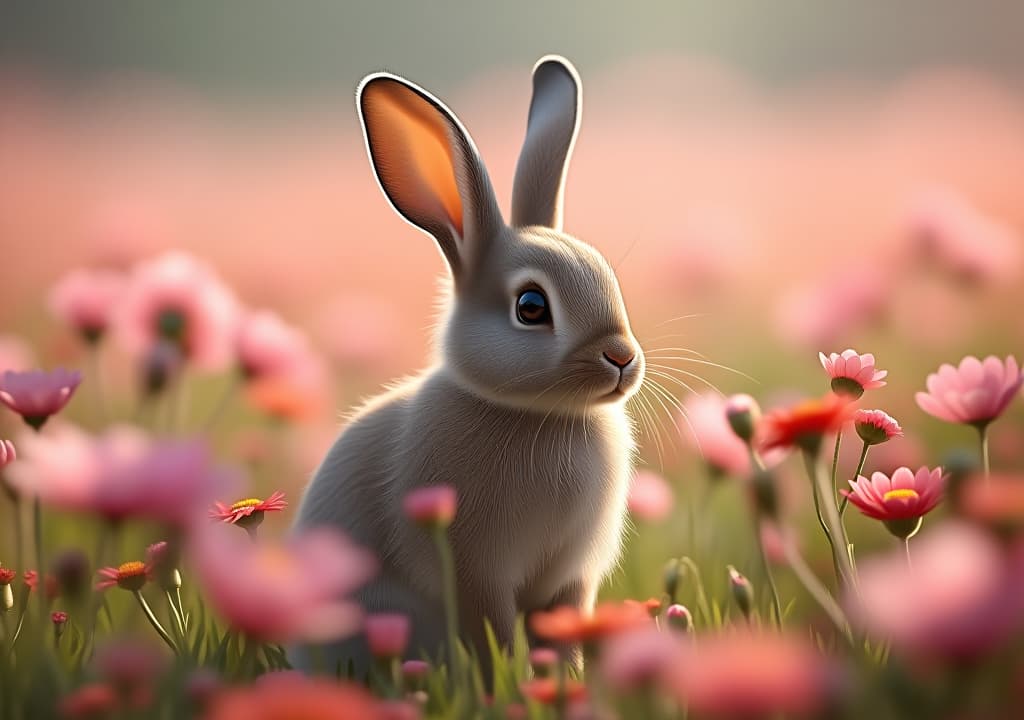  magical rabbit in a field of pink flowers, high quality, high details, hd, perfect composition, 4k epic detailed, highly detailed, sharp focus, high resolution