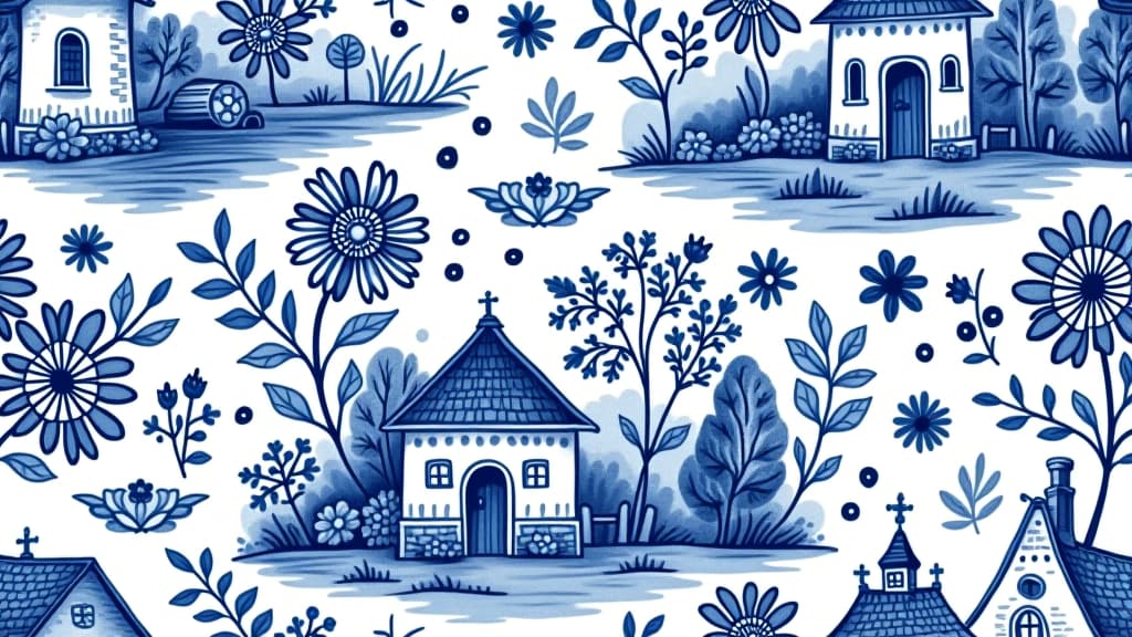  seamless pattern in dutch delft blue and white traditional handpainted with house and flowers.