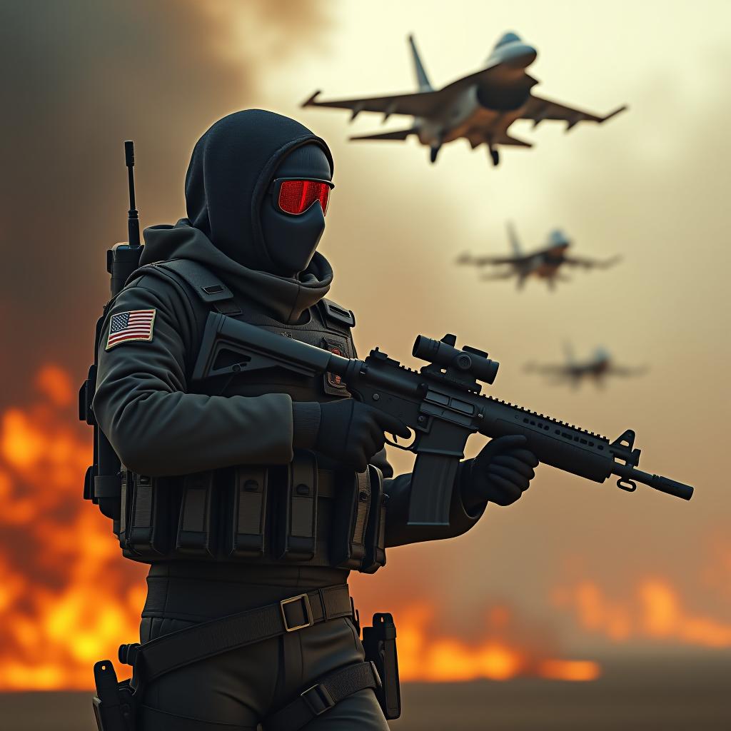  a painted is a cia agent, in an armored vest, in a protective mask,unloads on her , a walkie talkie, holds a weapon, f16 fighter jets fly in the background, everything is on fire. hyperrealistic, full body, detailed clothing, highly detailed, cinematic lighting, stunningly beautiful, intricate, sharp focus, f/1. 8, 85mm, (centered image composition), (professionally color graded), ((bright soft diffused light)), volumetric fog, trending on instagram, trending on tumblr, HDR 4K, 8K