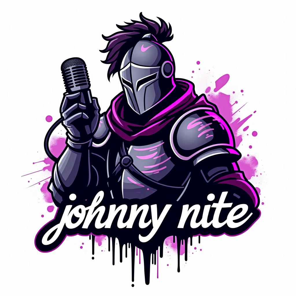  design a logo, in a realism style. knight with a gaming mic graffiti purple and black, with the text 'johnny nite'.