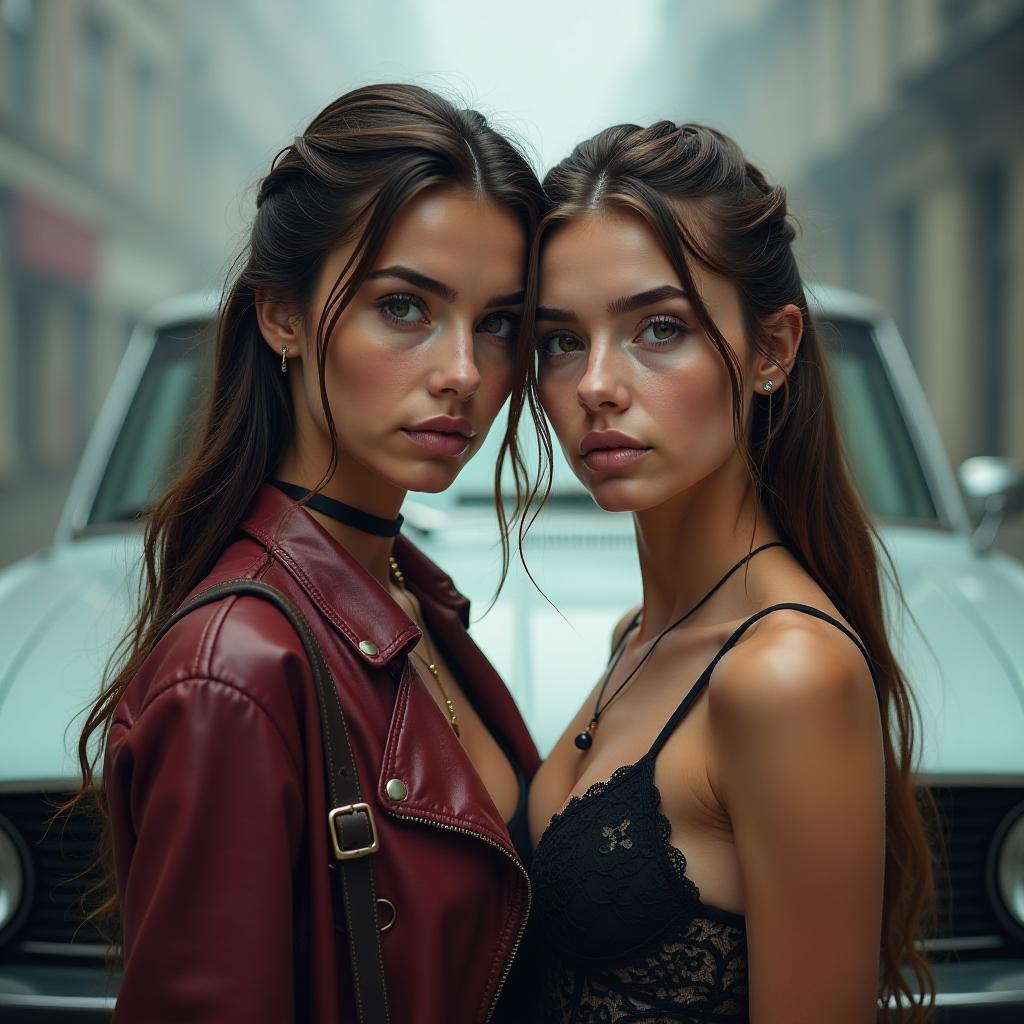  girls against the backdrop of a car. hyperrealistic, full body, detailed clothing, highly detailed, cinematic lighting, stunningly beautiful, intricate, sharp focus, f/1. 8, 85mm, (centered image composition), (professionally color graded), ((bright soft diffused light)), volumetric fog, trending on instagram, trending on tumblr, HDR 4K, 8K