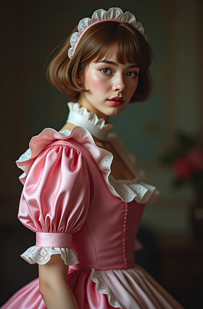  guy 20 years , feminine pink maid dress and peetticoat and coorseet , short hair, realistic, portrait, art by donato giancola and greg rutkowski, realistic face, digital art, trending on artstation hyperrealistic, full body, detailed clothing, highly detailed, cinematic lighting, stunningly beautiful, intricate, sharp focus, f/1. 8, 85mm, (centered image composition), (professionally color graded), ((bright soft diffused light)), volumetric fog, trending on instagram, trending on tumblr, HDR 4K, 8K