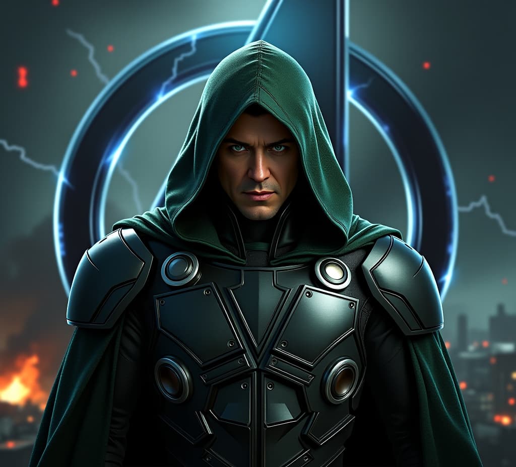  good quality, high quality, a hyper realistic movie poster for "avengers secret war" starring robert downey jr. as doctor doom. he is depicted with a sinister expression, wearing a heavily armored, dark green cloak. the background shows a war torn city in shadows, with the avengers logo partially illuminated by crackling energy.