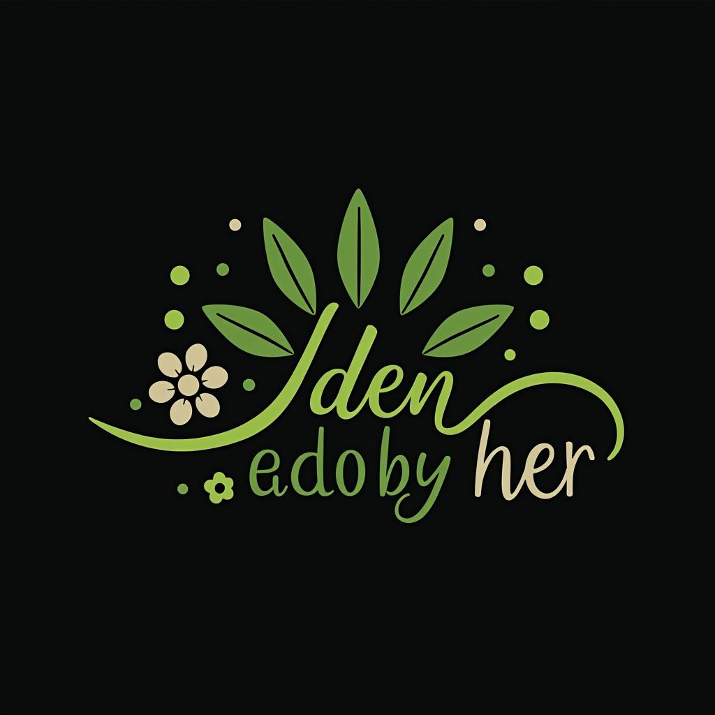  design a logo, custom logo design on an isolated black background decorated by simple sharp accented greens and flowers and gardening theme, with the text 'eden by her'.