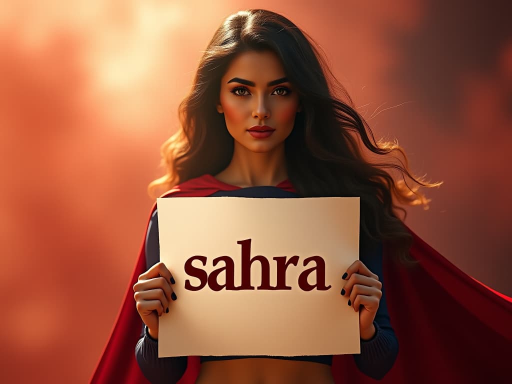  super woman that holds a paper with this letter: "sahra" hyperrealistic, full body, detailed clothing, highly detailed, cinematic lighting, stunningly beautiful, intricate, sharp focus, f/1. 8, 85mm, (centered image composition), (professionally color graded), ((bright soft diffused light)), volumetric fog, trending on instagram, trending on tumblr, HDR 4K, 8K