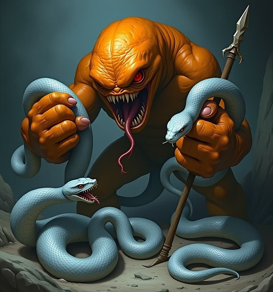  horror themed fantasy picture dark fantasy a giant orange cyclops has captured three silver lamia snake s. the cyclops has two silver snake s in his giant fists. the cyclops has driven his stake appendage into one silver snake . the silver snake bodies are actively writhing and coiling around the cyclops. beautiful curves of snake bodies. cyclops eats one of the snakes snake writs in the cyclops' fanged mouth . eerie, unsettling, dark, spooky, suspenseful, grim, highly detailed