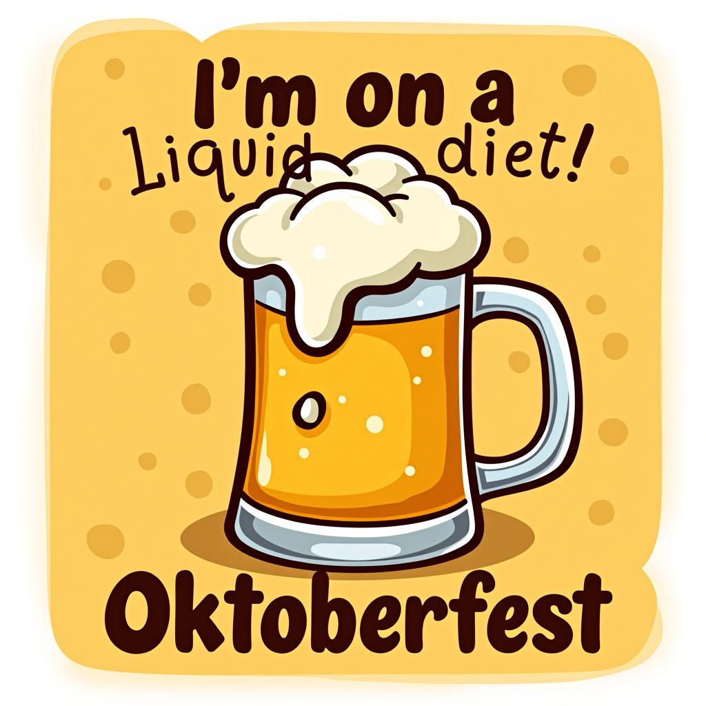  humorous 'i'm on a liquid diet.' in wavy font with a cartoon beer mug and beer bubbles background. place the word oktoberfest at the bottom of the image